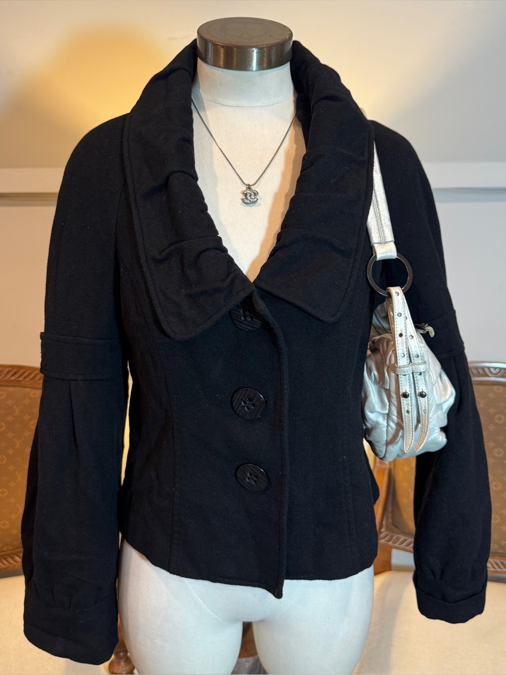 Mac & Jac Black Cashmere-Wool Button-Up Wool Blend Cropped Jacket Pea Coat Sz M